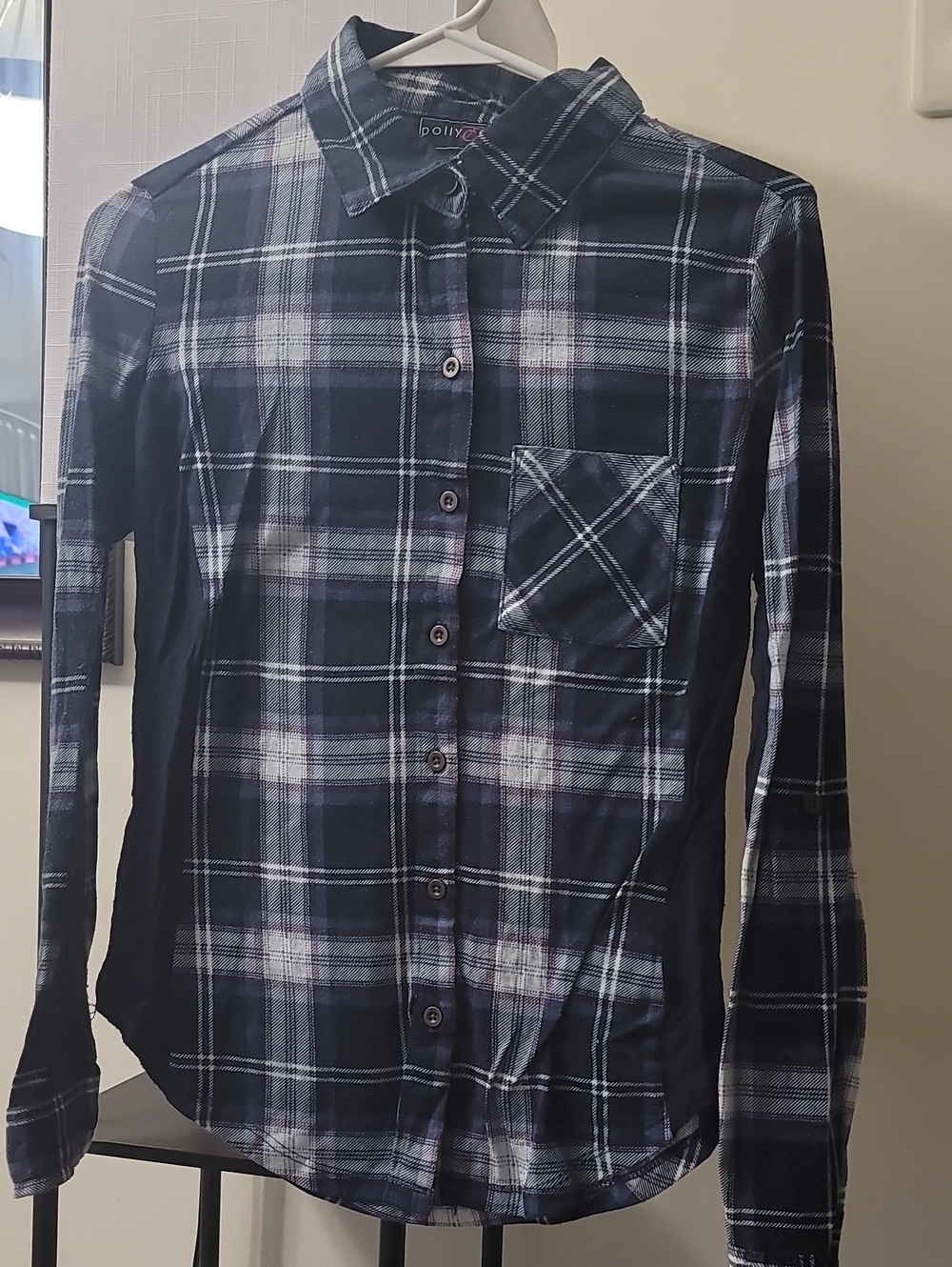 Polly & Esther Navy, White and Light Blue Plaid Button-Up Shirt